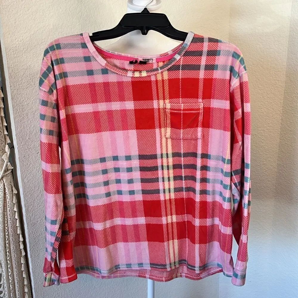 Women's Kensie Pink and Red Plaid Patterned Fleece Pajama Set ~ Size Large